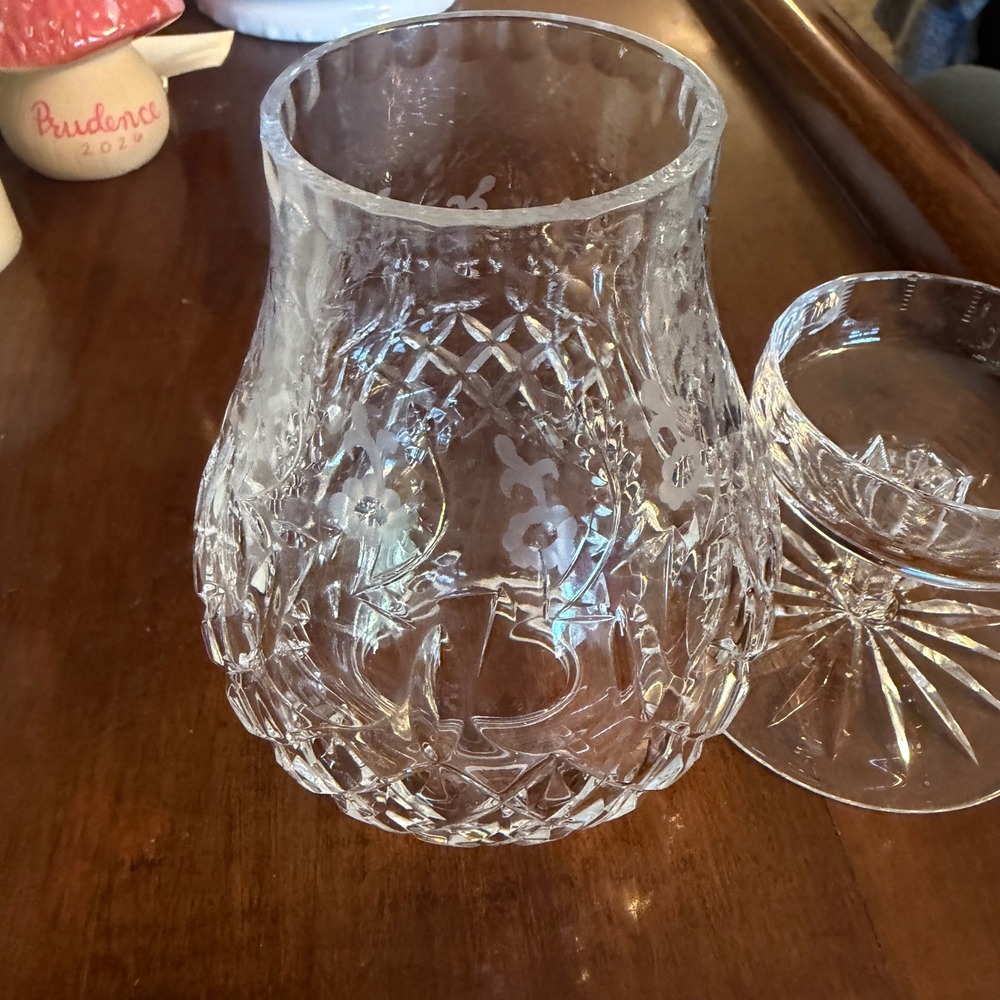 Vintage Crystal Hurricane Candle Holder Etched Floral Diamond 2 Piece Clear 7.5" - Picture 3 of 16